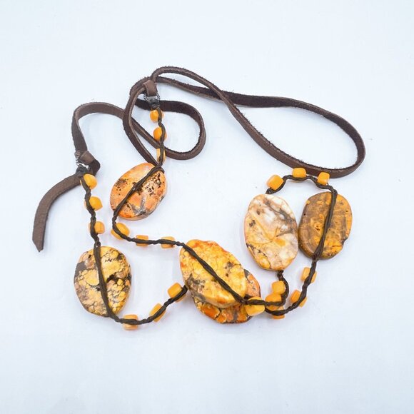 Adjustable Brown Suede Necklace With Precious Stones & Beads Orange Brown - Picture 4 of 7